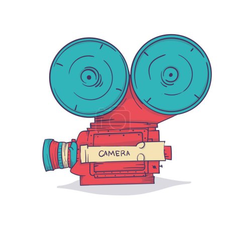 Téléchargez les illustrations : Enregistreur vidéo caméra vintage avec projecteur au design dessiné à la main - en licence libre de droit