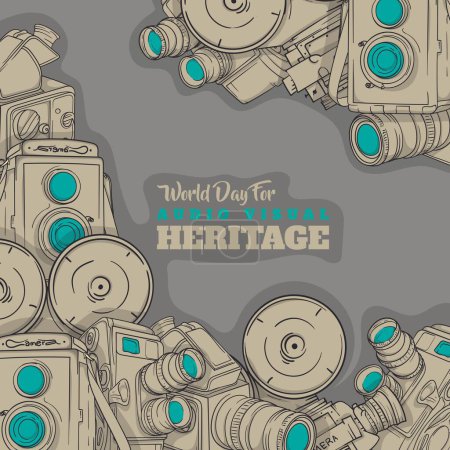 Téléchargez les illustrations : Journée mondiale de la conception du patrimoine audiovisuel avec fond de caméra vintage - en licence libre de droit