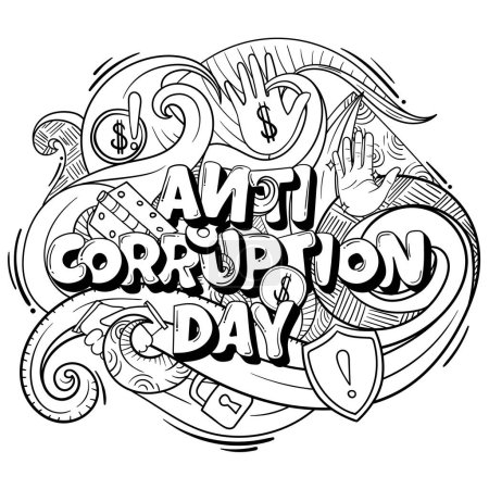 Téléchargez les illustrations : Doodle art design avec typographie de la journée anti-corruption avec la conception florale - en licence libre de droit