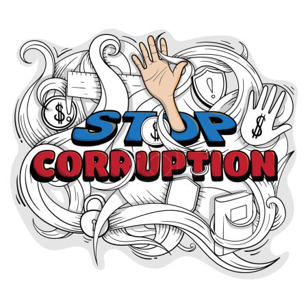 Téléchargez les illustrations : Typographie de Stop Corruption avec dessin à la main floral pour la journée anti-corruption - en licence libre de droit