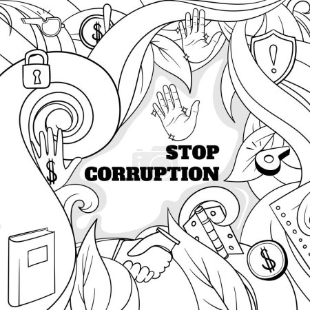 Téléchargez les illustrations : Conception de fond d'art de ligne à la main florale dessinée pour la journée anti-corruption - en licence libre de droit