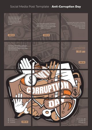 Téléchargez les illustrations : Modèle de message de médias sociaux avec l'art doodle et la conception de ruban pour la campagne de journée anti-corruption - en licence libre de droit
