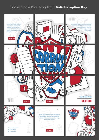 Téléchargez les illustrations : Modèle de message de médias sociaux avec l'art doodle et la typographie de la lutte contre la corruption sur le bouclier - en licence libre de droit