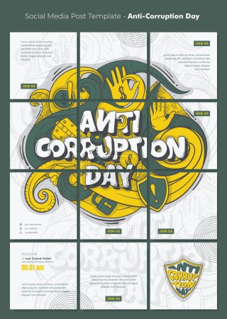 Téléchargez les illustrations : Modèle de message de médias sociaux avec l'art de gribouiller floral et la typographie de la lutte contre la corruption - en licence libre de droit