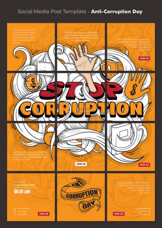 Téléchargez les illustrations : Modèle de poste de médias sociaux avec conception de la main et de la typographie pour la journée mondiale de lutte contre la corruption - en licence libre de droit