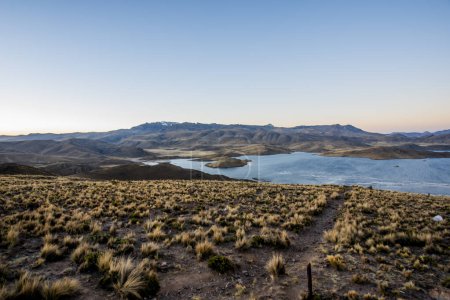Téléchargez les photos : Panorama sur le lac Omeilo et les prairies du village de Puno sur le lac Titicaca avec vue sur les Andes et les buissons des Andes exposés au soleil dans les hautes terres péruviennes - en image libre de droit