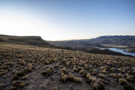Téléchargez les photos : Panorama sur le lac Omeilo et les prairies du village de Puno sur le lac Titicaca avec vue sur les Andes et les buissons des Andes exposés au soleil dans les hautes terres péruviennes - en image libre de droit