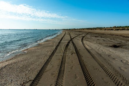 pistas de coches en la costa de las playas abandonadas del Lido de Venecia en otoño