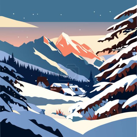 paysage hivernal avec des montagnes et des pins illustration vectorielle