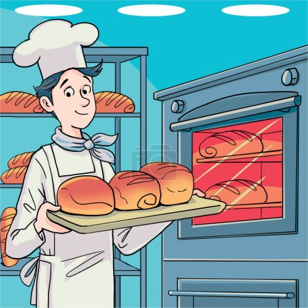 panadero que hornea pan y se para en el horno donde se hornea el pan
