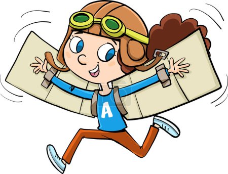 Illustration for Girl runs enthusiastically with an aviator cap trying to fly with cardboard wings - Royalty Free Image