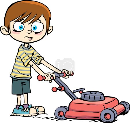 Illustration for The boy got tired sucking the grass with the lawnmower - Royalty Free Image