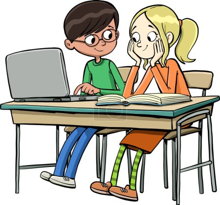 Illustration for Boy shows an assignment on a laptop to a girl sitting with him on a school bench - Royalty Free Image