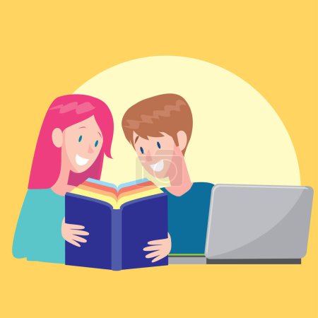 Illustration for Teenagers study with the help of books and laptops - Royalty Free Image