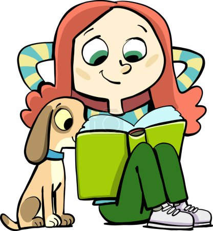 Illustration for Girl is relaxing reading a book with a dog - Royalty Free Image