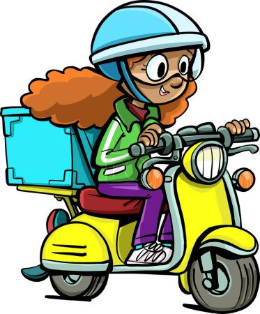 Illustration for Girl from a courier service on a motorcycle delivers a package - Royalty Free Image