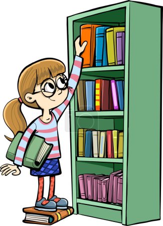 Téléchargez les illustrations : Girl in the library by the bookshelf takes a book - en licence libre de droit