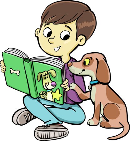 boy shows an open book in front of a small dog