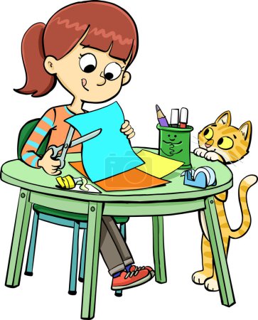 Illustration for Girl at the table is shredding papers cat is looking at her - Royalty Free Image