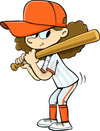 Téléchargez les illustrations : Petite fille joueur de baseball avec batte de baseball à la main - en licence libre de droit