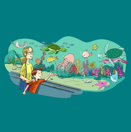 Illustration for Mother and son look at various sea animals in the aquarium - Royalty Free Image