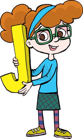 Illustration for Girl with glasses is holding the letter J - Royalty Free Image