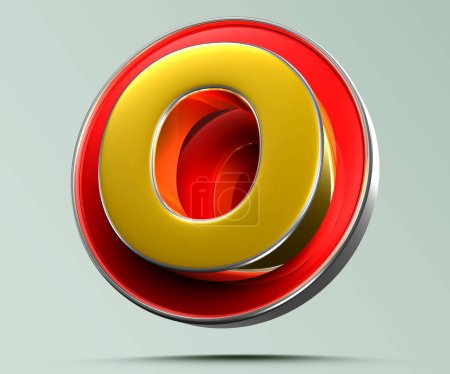 Buchstabe O goldgelb in rotem Kreis 3D-Illustration auf hellgrauem Hintergrund haben Arbeitsweg. Werbeschilder. Produktdesign. Produktverkäufe. Produktcode.