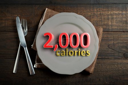Photo for 2000 calories 3D illustration placed on a white plate on the paper wood floor. - Royalty Free Image