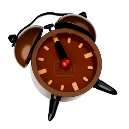 Dark brown alarm clock, cartoon style, 3D rendering on white background have work path. Time 12 o'clock.