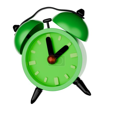 Green alarm clock, cartoon style, 3D rendering on white background have work path. Time 2 o'clock.