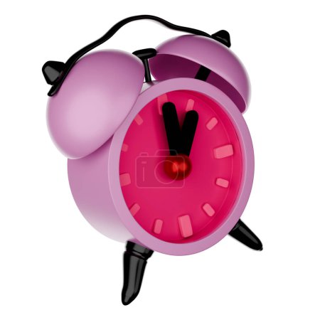 Pink alarm clock, cartoon style, 3D rendering on white background have work path.Time 1 o'clock.