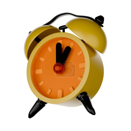 Yellow alarm clock, cartoon style, 3D rendering on white background have work path. Time 1 o'clock.