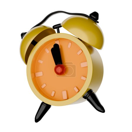 Yellow alarm clock, cartoon style, 3D rendering on white background have work path. Time 12 o'clock.