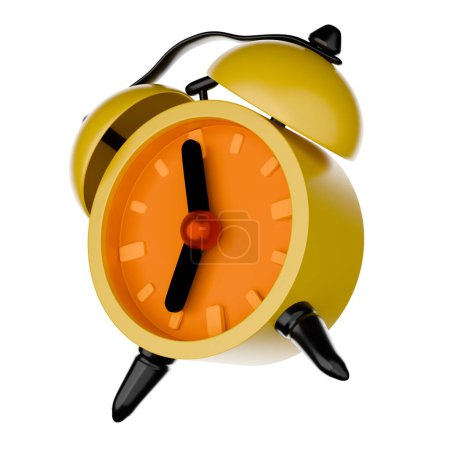 Yellow alarm clock, cartoon style, 3D rendering on white background have work path. Wake up at 7 am. or 7 pm.