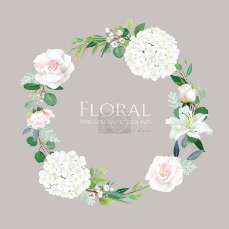 Illustration for Beautiful flower and greenery wreath background. white roses and Hydrangea, Wax flower, eucalyptus plant - Royalty Free Image