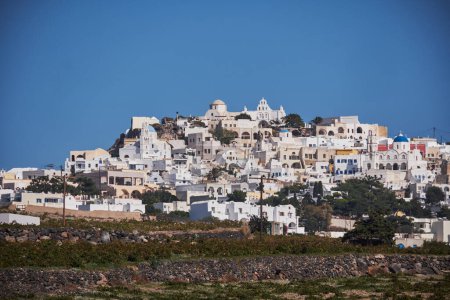 Photo for Panoramic Aerial View of Pyrgos Village in Santorini Island, Greece - Traditional White Houses in the Caldera Cliffs - Royalty Free Image