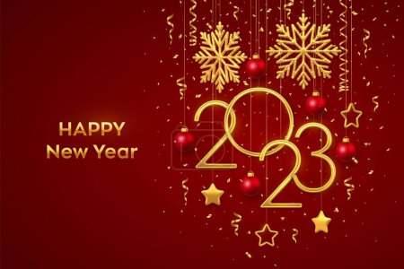 Frohes neues Jahr 2023. Hängende goldene metallische Zahlen 2023 mit leuchtenden Schneeflocken, metallischen 3D-Sternen, Kugeln und Konfetti auf rotem Hintergrund. Neujahrsgrußkarte oder Bannervorlage. Vektor