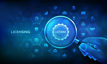 Illustration for Licensing. License agreement concept. Patents copyright intellectual protection law license property rights. Business technology concept with magnifier in wireframe hand and icons. Vector. - Royalty Free Image