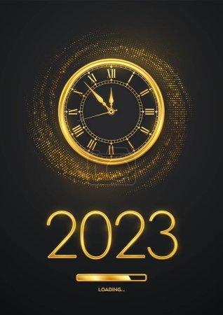 Happy New Year 2023. Golden metallic numbers 2023, gold watch with Roman numeral and countdown midnight with loading bar on shimmering background. Bursting backdrop with glitters. Vector illustration
