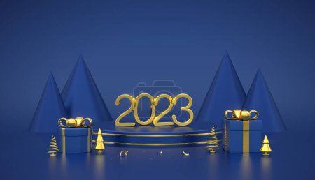 Illustration for Happy New 2023 Year. 3D Golden metallic numbers 2023 on blue stage podium. Scene, round platform with gift boxes and golden metallic pine, spruce trees on blue background. Vector illustration - Royalty Free Image