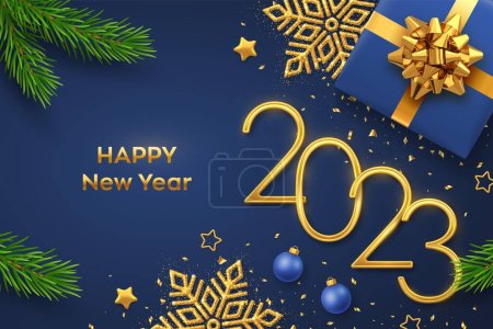 Happy New 2023 Year. Golden metallic numbers 2023 with gift box, shining snowflake, pine branches, stars, balls and confetti on blue background. New Year greeting card or banner template. Vector
