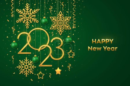 Frohes neues Jahr 2023. Hängende goldene metallische Zahlen 2023 mit leuchtenden Schneeflocken, 3D-metallischen Sternen, Kugeln und Konfetti auf grünem Hintergrund. Neujahrsgrußkarte oder Bannervorlage. Vektor