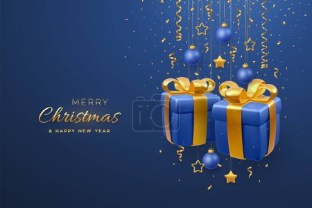 Ilustración de Banner de Navidad con cajas de regalo 3D con arcos dorados, estrellas metálicas colgantes de oro y bolas sobre fondo azul. Feliz tarjeta de felicitación navideña. Cartel de Navidad y Año Nuevo. Ilustración vectorial - Imagen libre de derechos