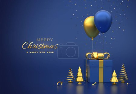 Gift box with gold bow and golden metallic pine or fir cone shape spruce trees, festive helium balloons and falling confetti on blue background. Merry christmas card or banner. Vector illustration