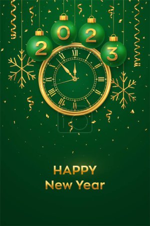 Frohes neues Jahr 2023. Hängende grüne Christbaumkugeln mit realistischen goldenen 3D-Zahlen 2023 und Schneeflocken. Uhr mit römischer Ziffer und Countdown Mitternachtsabend für Neujahr. Frohe Weihnachten. Vektor