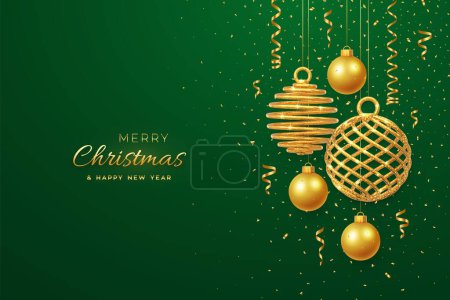 Weihnachtsbanner mit glänzenden goldenen Kugeln und Konfetti auf grünem Hintergrund. Grußkarte mit Copyspace. Neujahrsplakat, Titelvorlage. Feiertagsdekoration. Vektorillustration