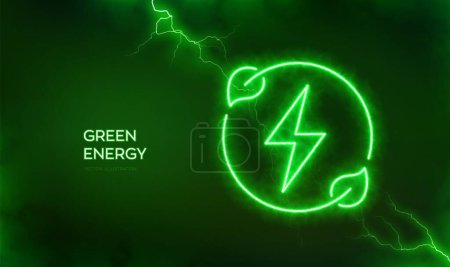 Renewable green energy icon. Clean alternative energy power technology concept. Icon with electrical energy glow effect. Lightning spark or electric discharge effects background. Vector illustration