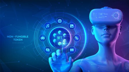 NFT. Non-fungible token digital crypto art blockchain technology concept. Investment in cryptographic. Cyberspace of metaverse. Girl wearing VR headset glasses touching digital interface. Vector