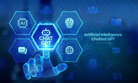 Ilustración de ChatGPT. Chat GPT Chatbot con Inteligencia Artificial AI. Tecnología de automatización de software, centro de atención al cliente para negocios en línea. Wireframe mano tocando interfaz digital. Ilustración vectorial - Imagen libre de derechos
