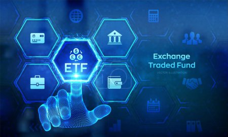 Illustration for ETF. Exchange traded fund stock market trading investment financial concept on virtual screen. Stock market index fund. Business Growth. Wireframe hand touching digital interface. Vector illustration - Royalty Free Image